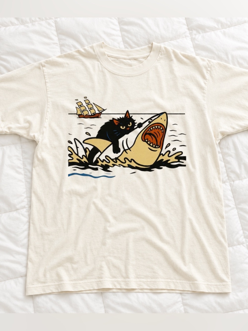 Gildan Cream Cat Riding Shark Graphic T- Shirt